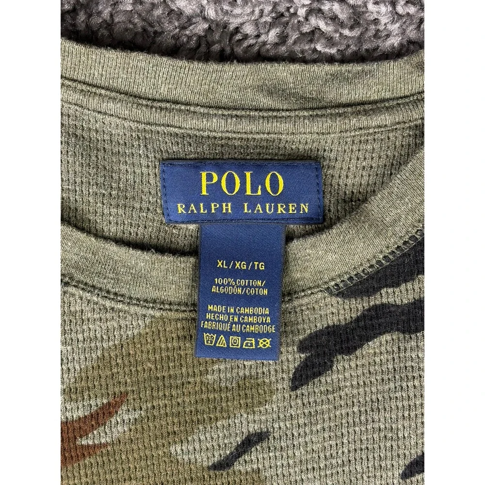 Polo Ralph Lauren Mens XL Camo Waffle Knit Thermal Long Sleeve Shirt Green Brown
